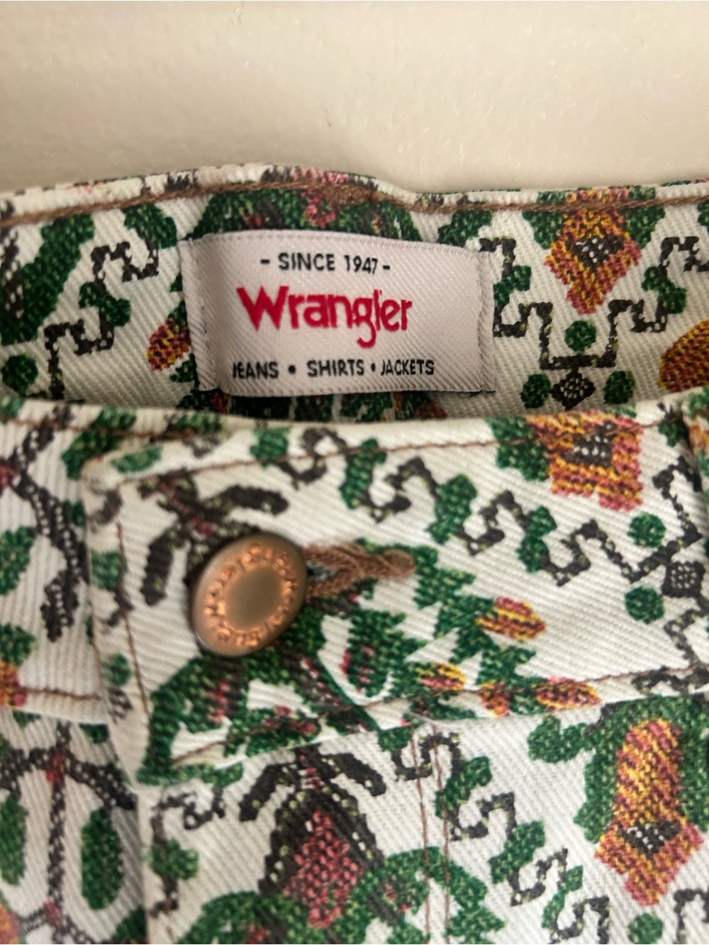 Wrangler White Pants with Green and Tan Floral Print - Picture 3 of 8